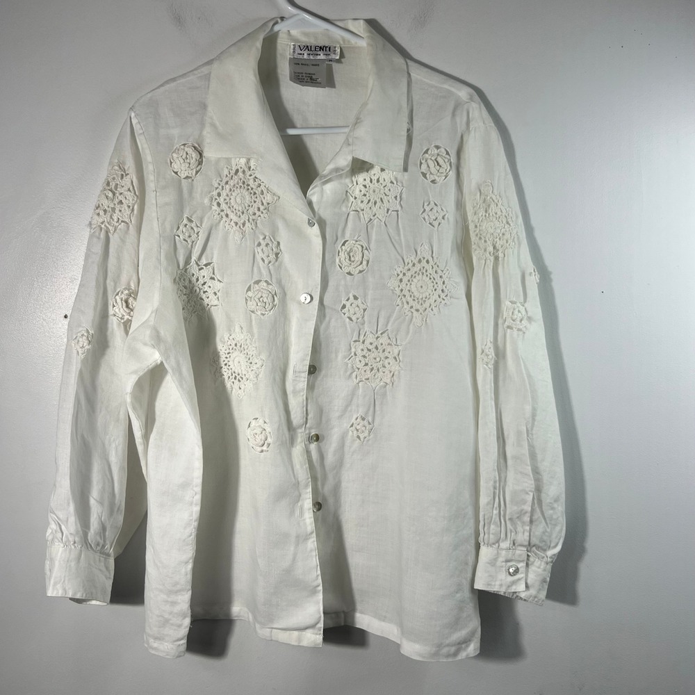 Valenti White Ramie Crochet Lace Applique‎ Button Down Shirt Womens Medium Boho